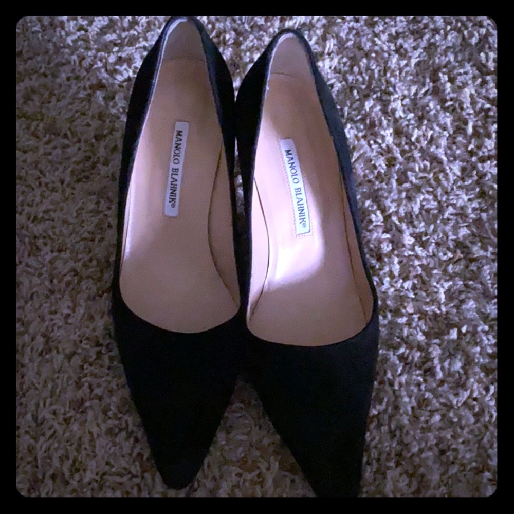 Manikin Blahnik black suede heels.